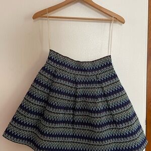Women’s Blue Brown Multi Pleated Flare Skirt Textured Fabric Zigzag Medium
